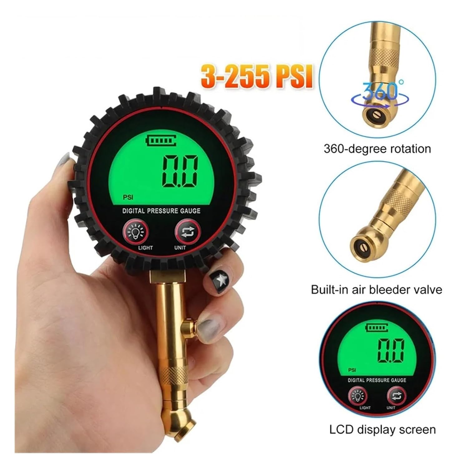 TPMS Tire Pressure Gauge 3-255PSI Backlight LCD Display Digital Air Pressure Gauge for Car Trucks Bikes Precise