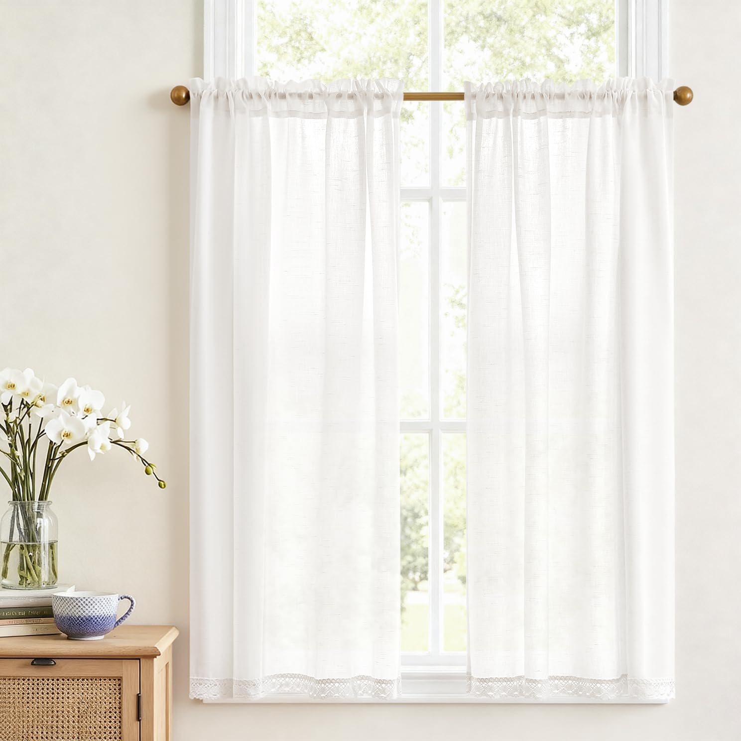 Vangao Scheibengardine Leinen Bistrogardine Halb Transparent Privatsphäre Uni Gardine Sheer Vorhang Paarig Schals Fensterschal
