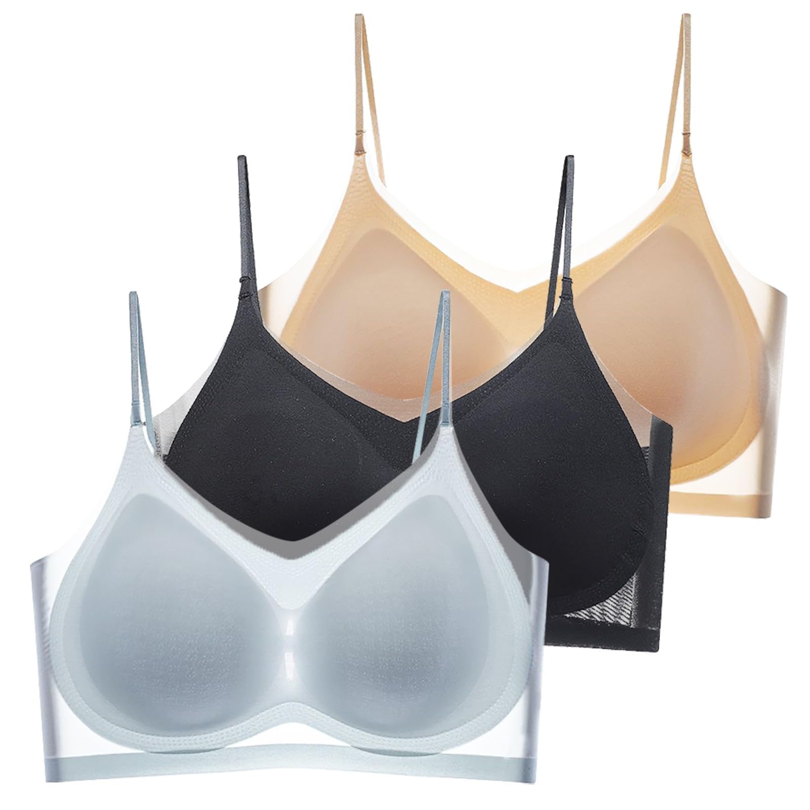 Lot de 3 Soutiens Gorge Femme sans Armature, Soie Glacée Légère d'Été, Dentelle Respirante Extra Fine Invisible à Bretelles Fines, Effet Push-Up Anti-Affaissement, Multiples Coloris