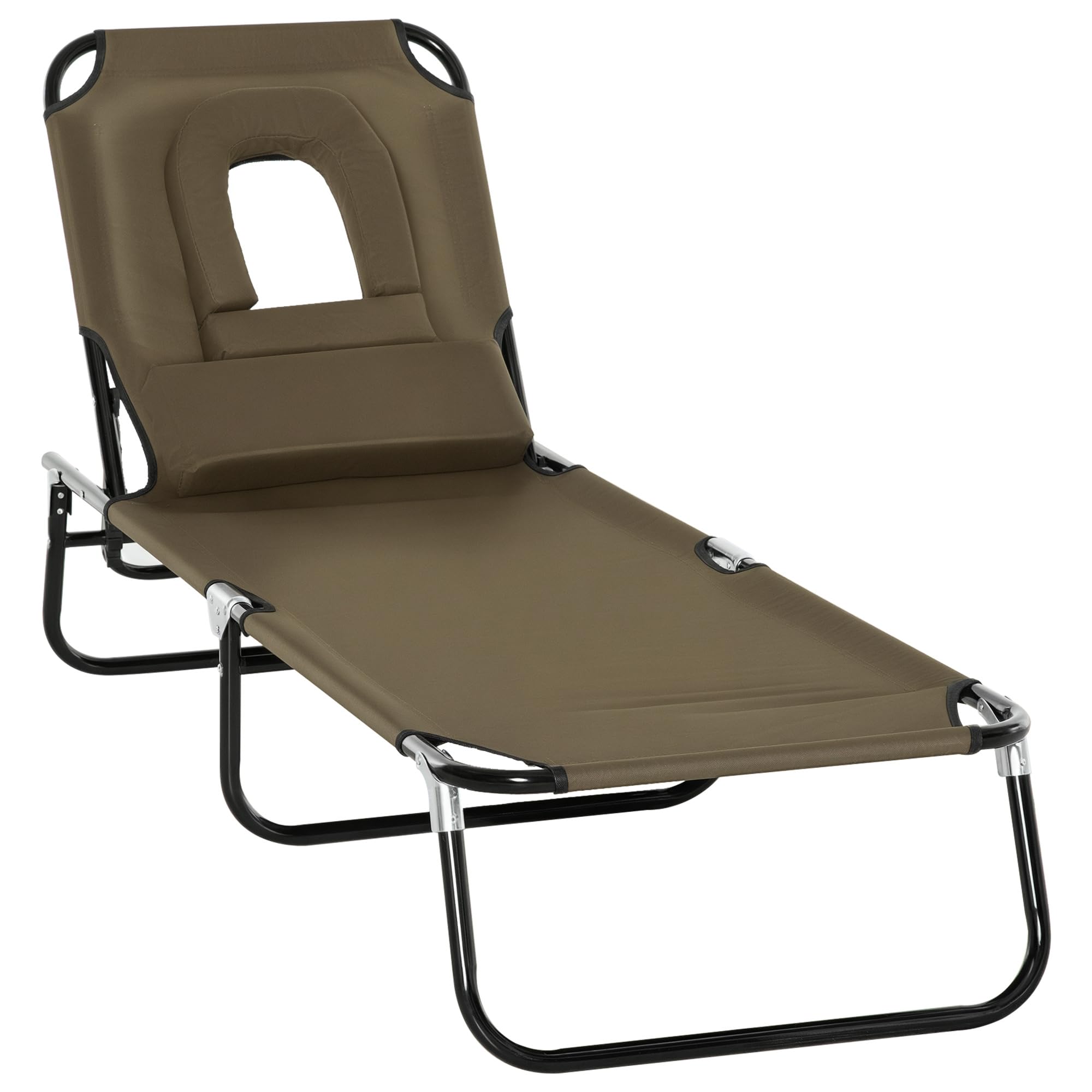 Outsunny Bain de Soleil Chaise Longue Pliante 190x56x28cm Marron | Appuie-Tête, Trou de Lecture, Transat Inclinable 4 Positions, Oxford 600D, Jardin Extérieur, Camping, Piscine, Terrasse