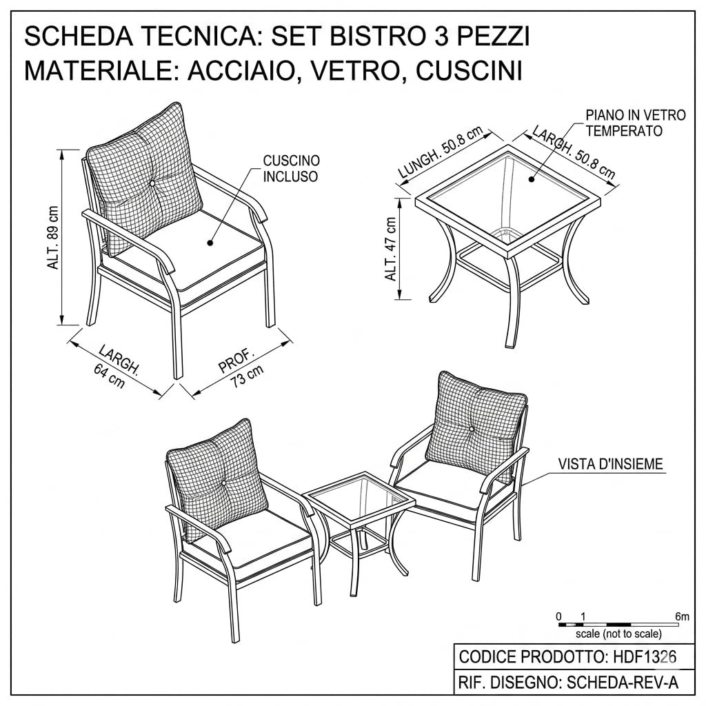 Set Bistro da Giardino 3 Pezzi BORA BORA – 2 Poltrone con Cuscini Beige + Tavolino Quadrato 50x50 cm Piano Vetro Temperato – Arredo Outdoor Balcone Terrazzo – Struttura Acciaio Marrone