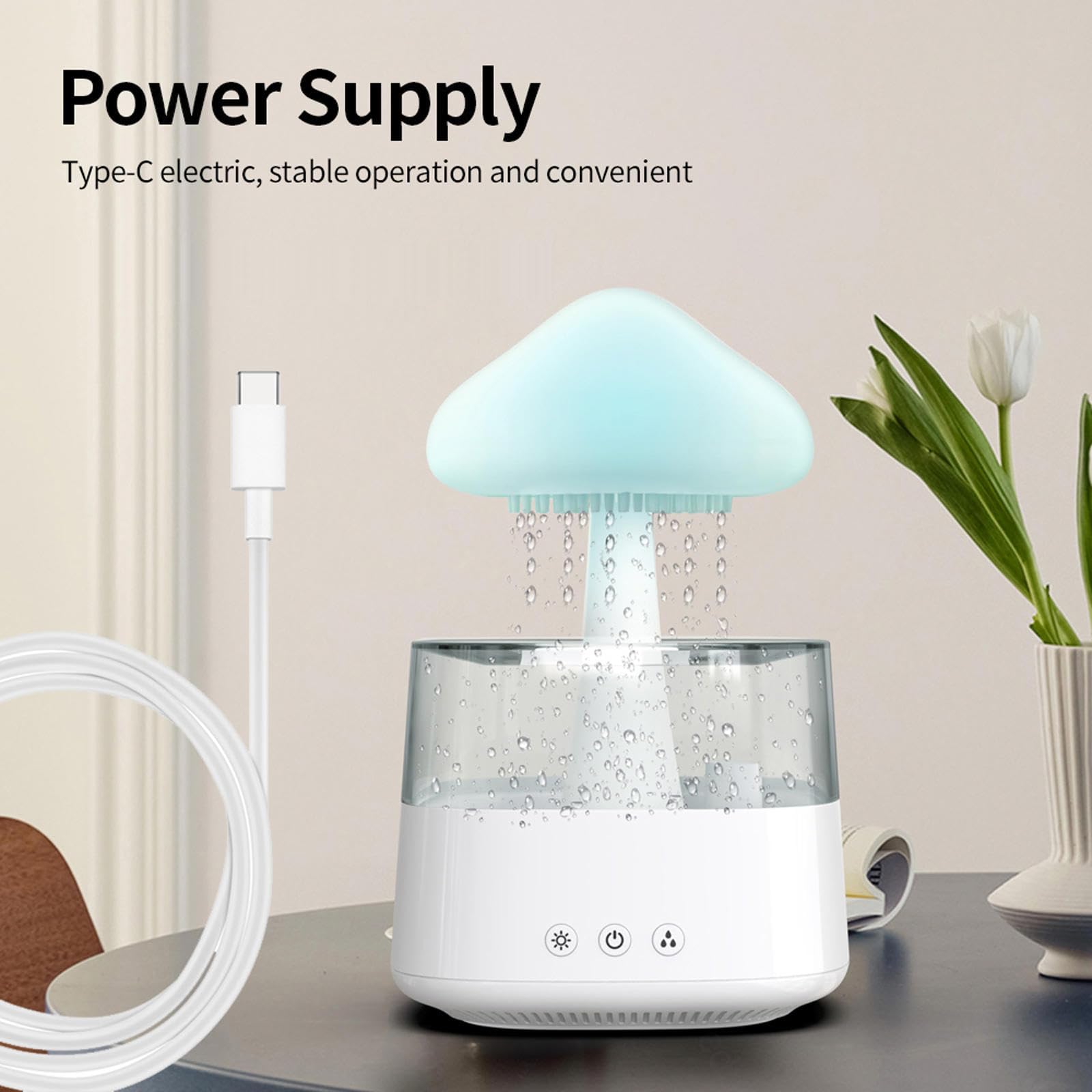 HAZARA Umidificatore A Pioggia, con Luci A LED A 7 Colori 450ml,Funzione Cronometraggio Umidificatore Fungo Pioggia, Adatto per Fare Regali,White