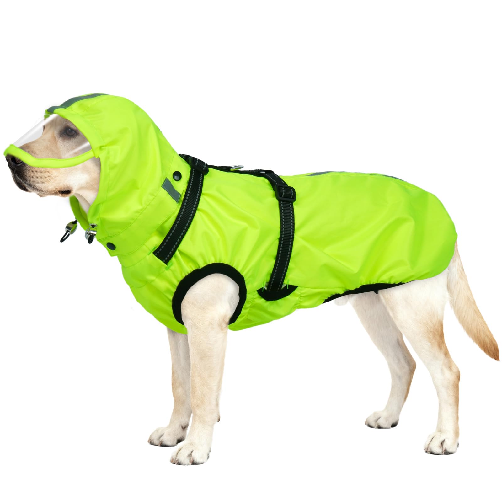 OUOBOB Dog Raincoat Waterproof, Rain Jacket with Reflective Strips, H-Harness (D-Ring) & Detachable Hood with Visor, Ideal for Medium/Large Dogs [Neon Green, Size XL]