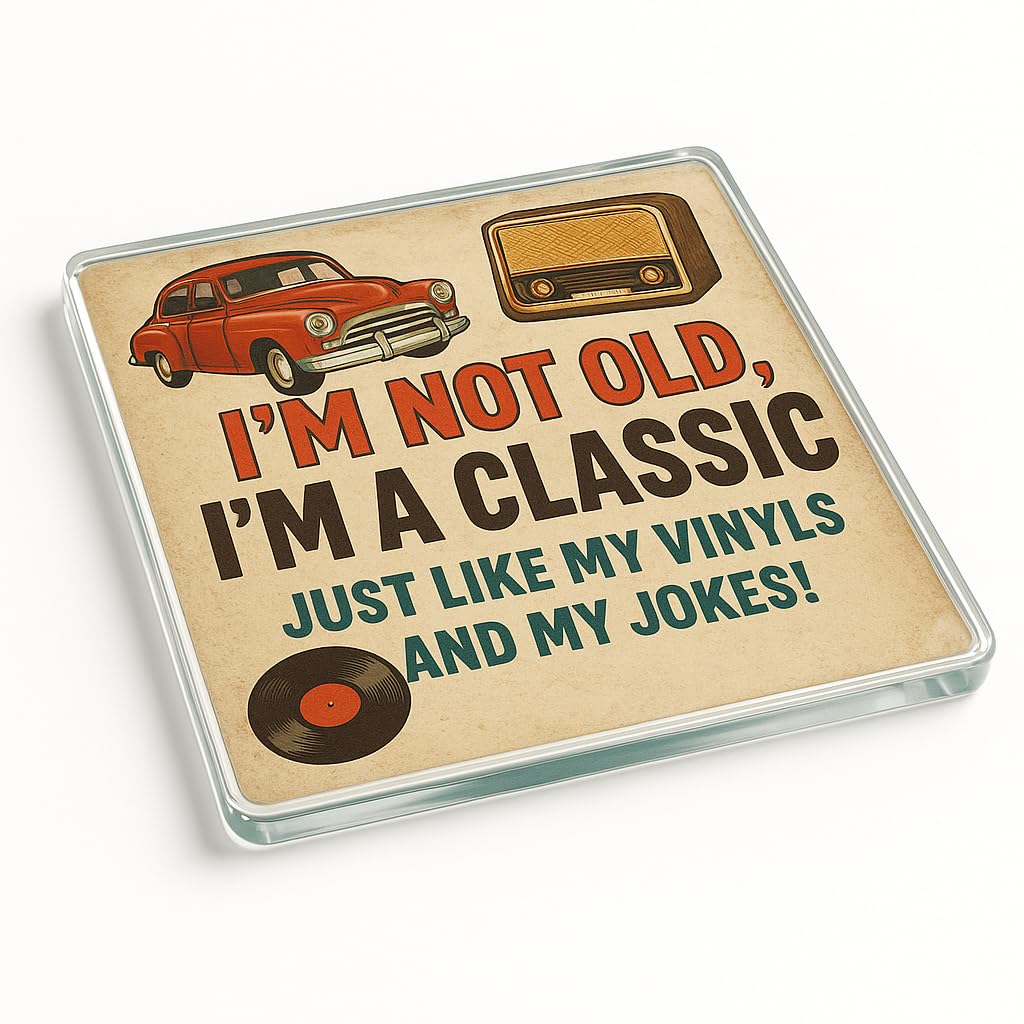 The Plum Penguin Classic Vibes Only Funny Acrylic Coaster Gift For Grandad Birthday - Vintage Humour Desk Accessory For Classic Vibes