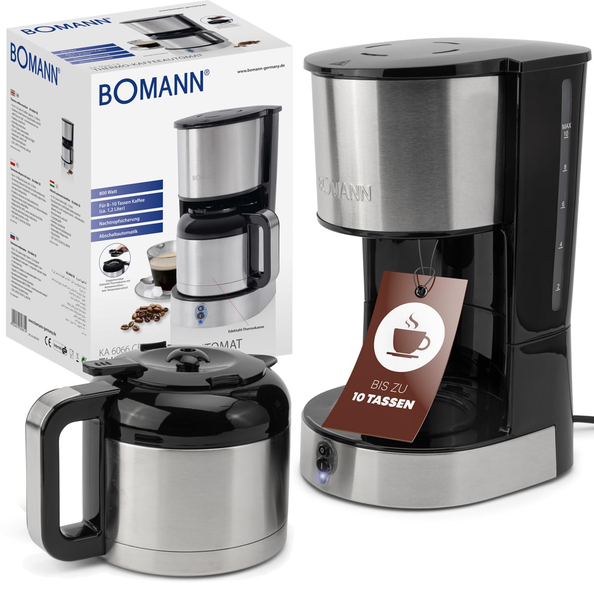 Bomann® Kaffeemaschine mit Thermoskanne für 8–10 Tassen Kaffee (ca. 1,2L) | Filterkaffeemaschine Edelstahl | doppelwandige Thermoskanne | kein Temperaturverlust | Kaffeemaschine 800W | KA 6066 CB