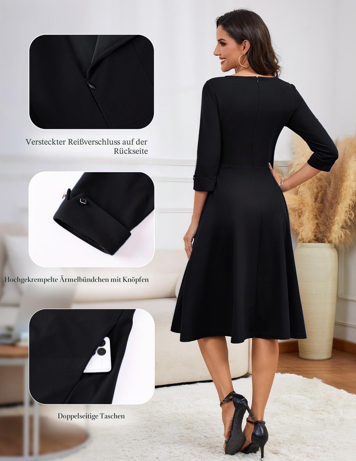 Homrain Damen Vintage Kleid Cocktailkleid Fur Hochzeitsgast Langarm A-Linie Flare Kleid Freizeitkleid Midikleid Mit Tasche