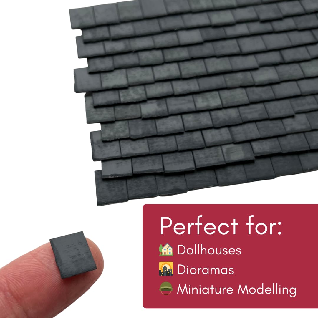 Tiny Tiles 250 Pieces 1:24th Scale Dolls House Miniature Styrene Roof Tiles in Slate Grey, 10mm wide x 18mm long x 0.75mm thick - Image 3