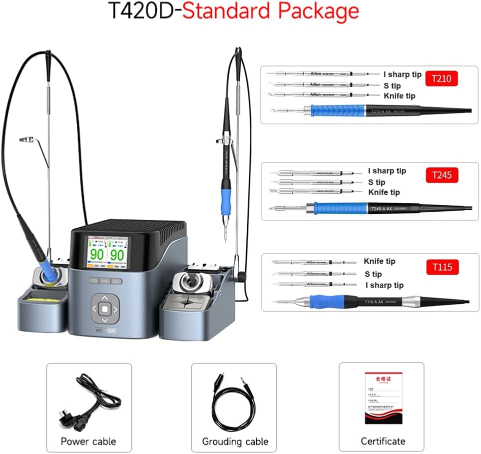 AiXun T420D 200W Dual Channel Electronics Soldering Station with T245/T210/T115 Handle, 9 Soldering Iron Tips