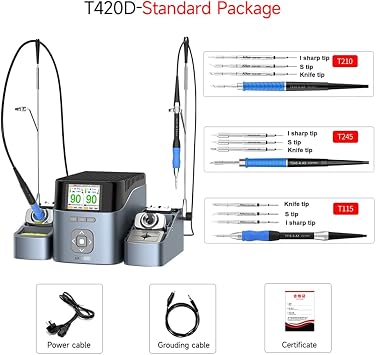 AiXun T420D 200W Dual Channel Electronics Soldering Station with T245/T210/T115 Handle, 9 Tips