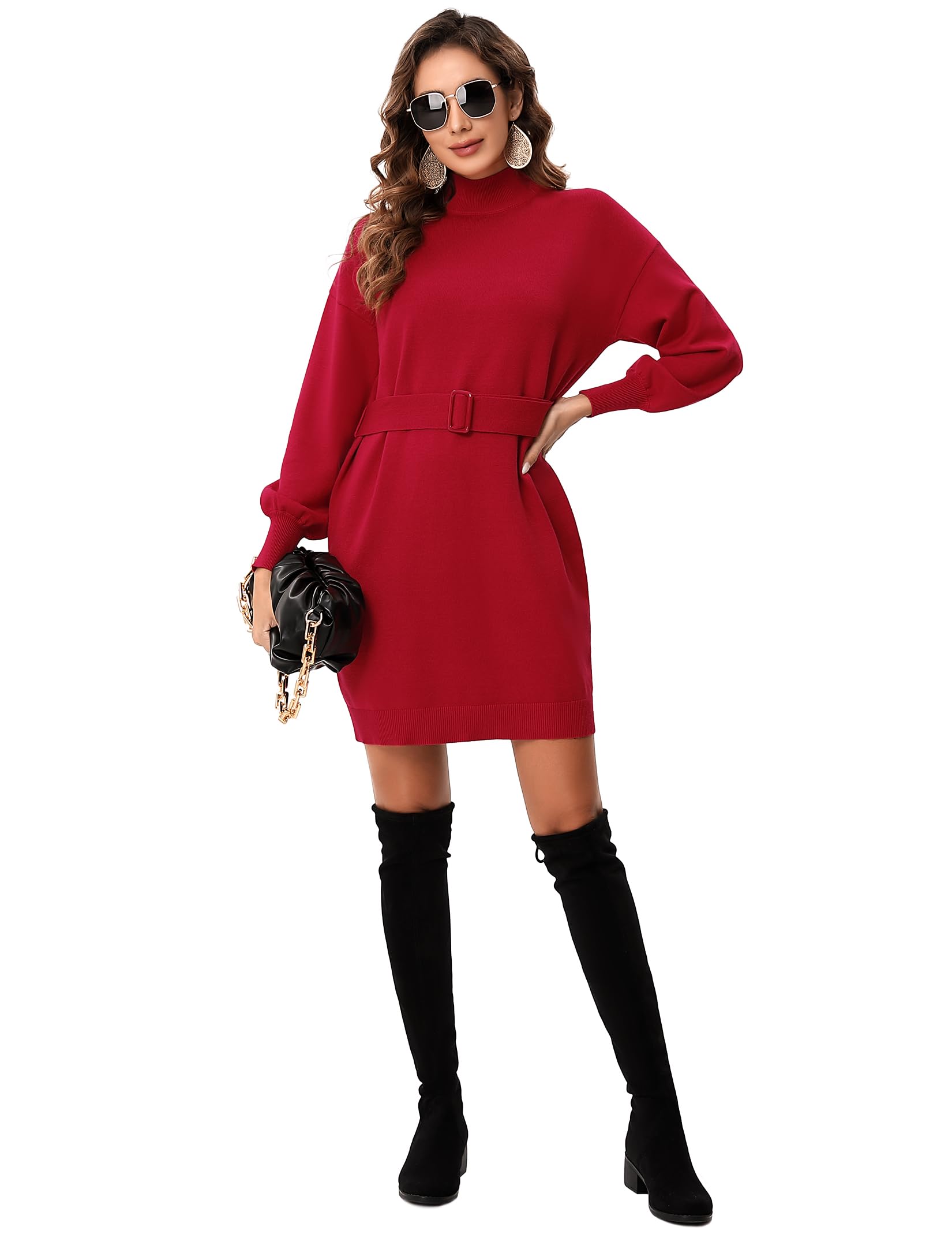 KOJOOIN Robe tricotée à Manches Longues et col roulé pour Femme - Robe Tunique élégante avec Ceinture