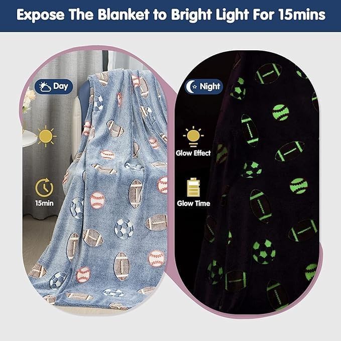 Image of Glow-in-The-Dark Polar Fleece Blanket for Kids - Soft Lightweight Single Bed Blanket (200x152 cm) | All-Season Jacquard Print, Assorted Multicolor - Unicorn Design (Ball Grey)