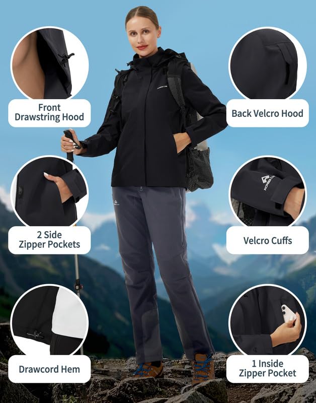 Pioneer Camp Regenjacke Damen Wasserdicht Atmungsaktiv Windjacke für Frauen Leicht Wanderjacke Outdoor Jacken mit Abnehmbarer Kapuze Schwarz L