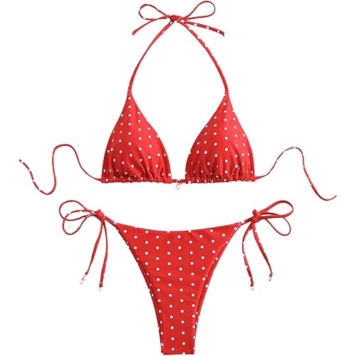SOLY HUX Women's Polka Dots Print Bathing Suit Halter Triangle Tie Side Bikini Sets Two Piece Swimsuit
