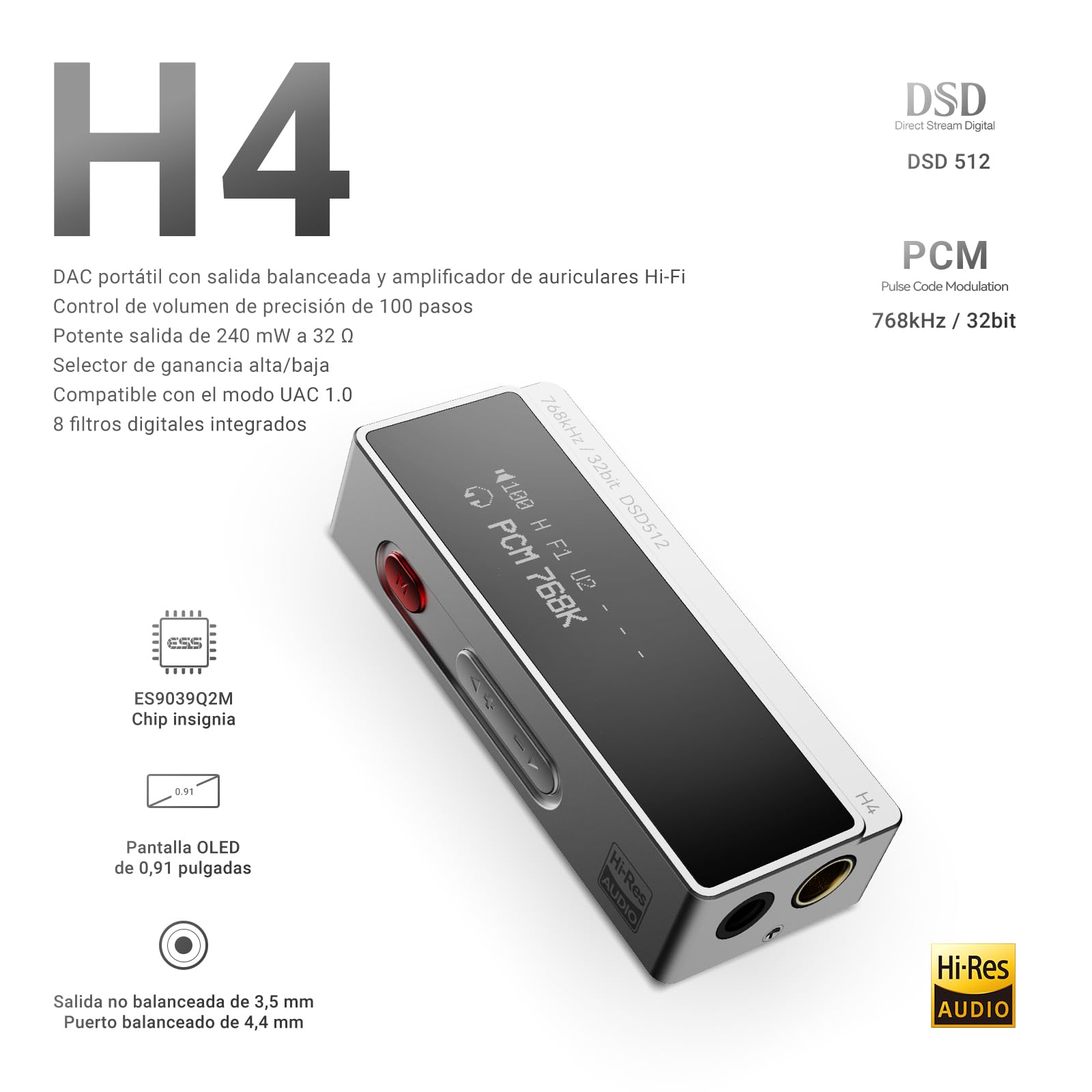 AIYIMA H4 amplificador de auriculares DAC portátil de alta fidelidad con chip ES9039Q2M, dos salidas de auriculares (3,5 mm no balanceada y 4,4 mm balanceada), pequeño amplificador DAC para PS5/Switch