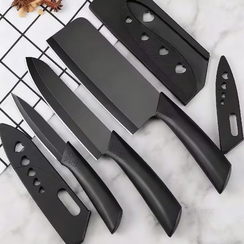 Knife Set, Kitchen Knife Pack of 3 with Blade Covers, Stainless Steel Knives for Kitchen| Sharp Edge Cutting Chef Knifes for Chopping Vegetables Fruits Knife for Kitchen Use (Black)