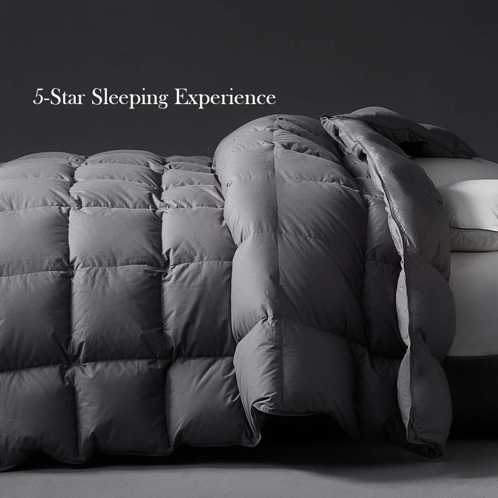 KRT Luxurious Goose Feathers Down Comforter Dark Grey King Size All Season Duvet 60 Oz Filling Insert 100% Cotton Cover with 8 Corner Tabs (Dark Grey, King All-Season)