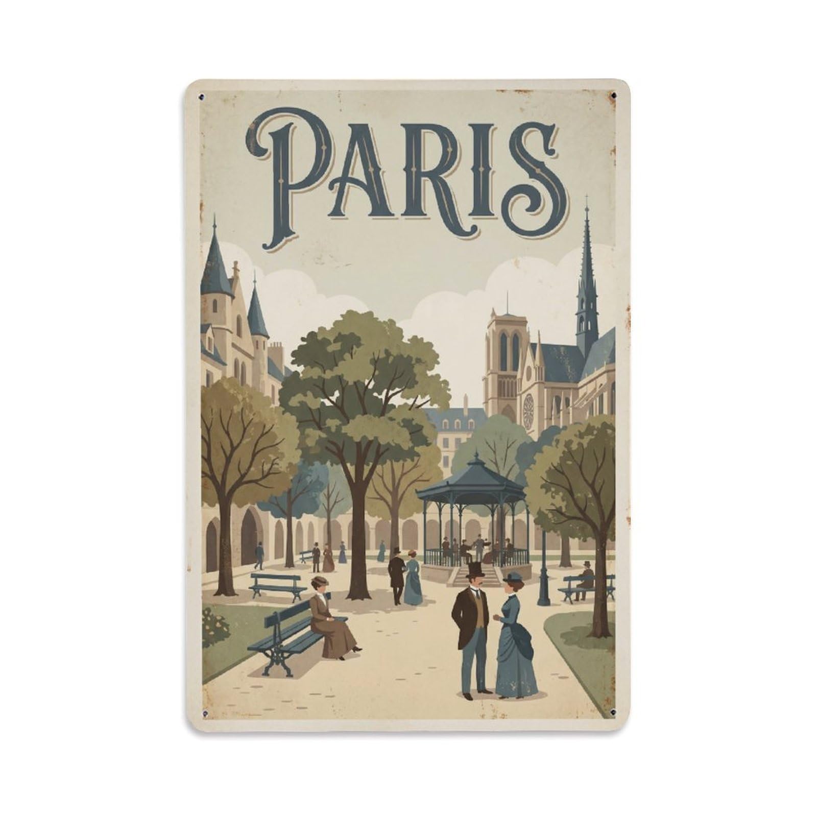Vintage Travel Paris Square Du Temple Garden Rusted France Metal Tin Sign Plaque Wall Decor for Cafe, Club Bar, Office, Home Garden Metal Poster 8x12Inch