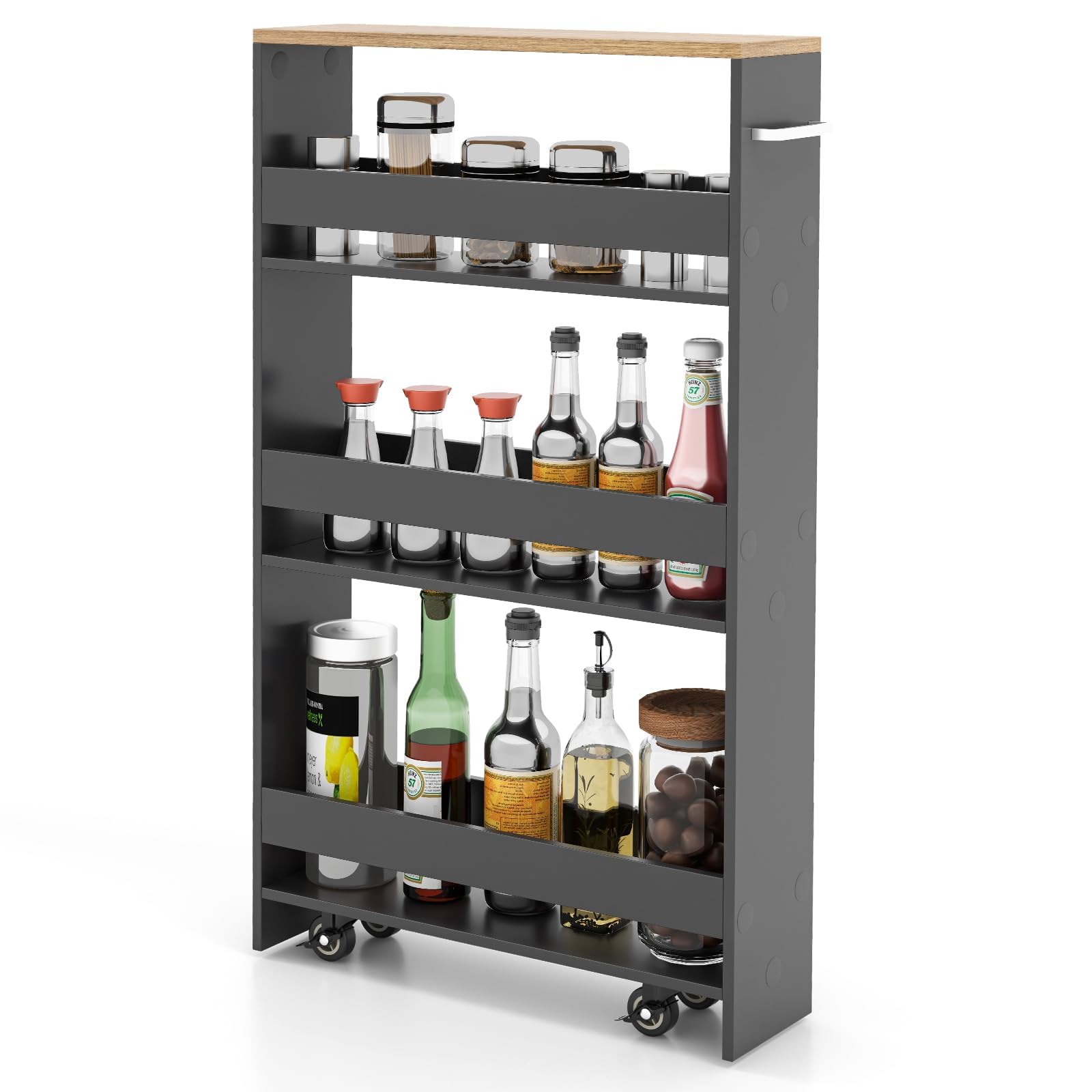 FANTASK Küchenwagen schmal auf Rollen, Nischenregal 13cm breit, 4 Etagen Servierwagen, Nischenwagen mit Griff & Geländern, Badregal Holz für Küche & Badezimmer, 47,5x13x80,5cm (Grau+Natur)