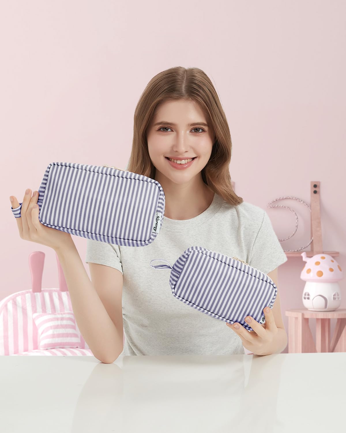 Large Makeup Bag Travel Toiletry Wash Bag Cosmetic Organizer Make Up Bags for Women (Greyish Blue Stripe, Large) — view 7