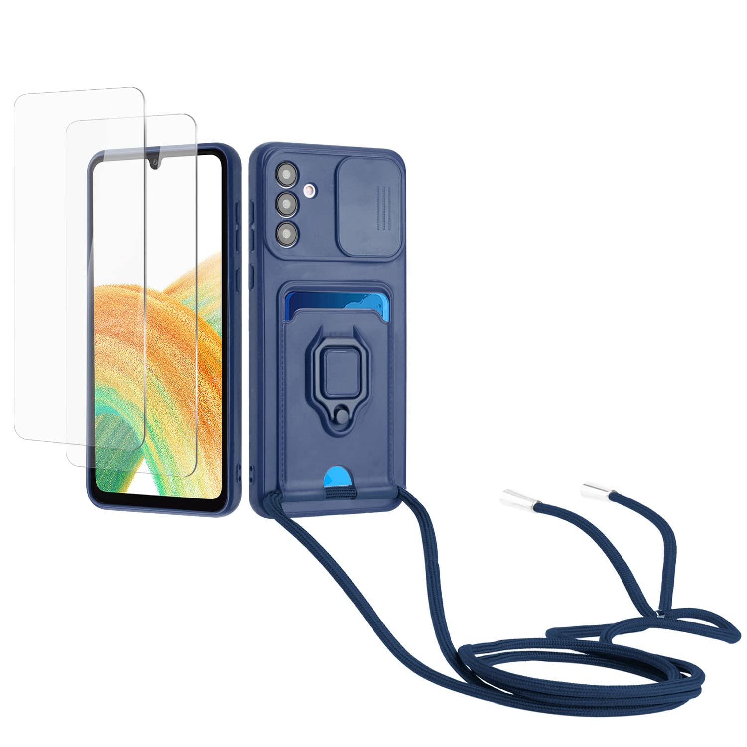 Kaslly Funda con Cuerda para Samsung Galaxy A35+[2 Pack Protector Pantalla],Case con Ranura para Tarjetas,Cubierta de Cámara Deslizante Proteger,Doble Cara Protección-Negro — view 28