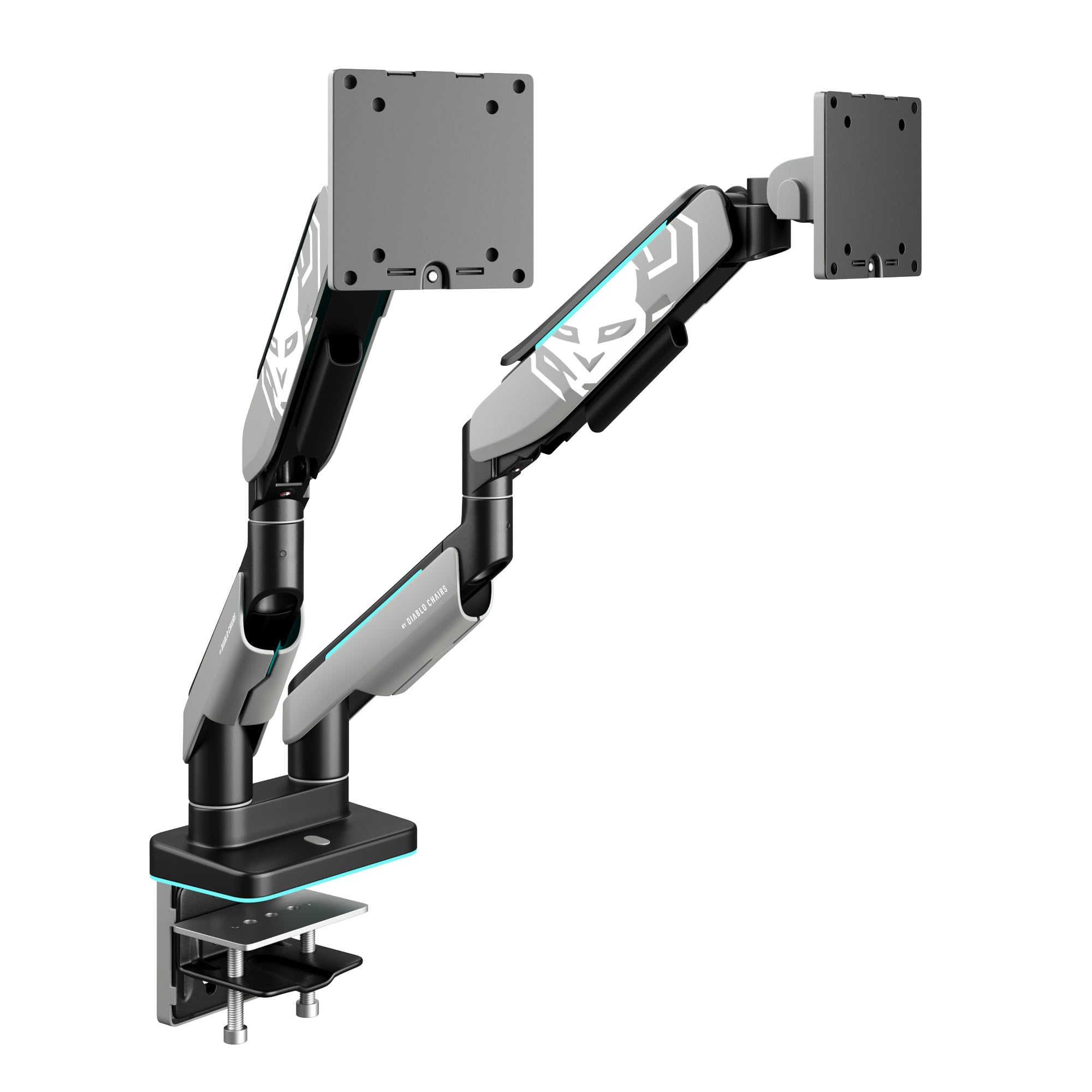 Diablo X-​Arm Supporto per 2 monitor RGB Braccio regolabile per schermi da 17-​35″ Illuminazione LED VESA 75x75 100x100 Capacità di carico 2x20Kg Morsetto passacavo per la gestione dei cavi Grigio-​Nero