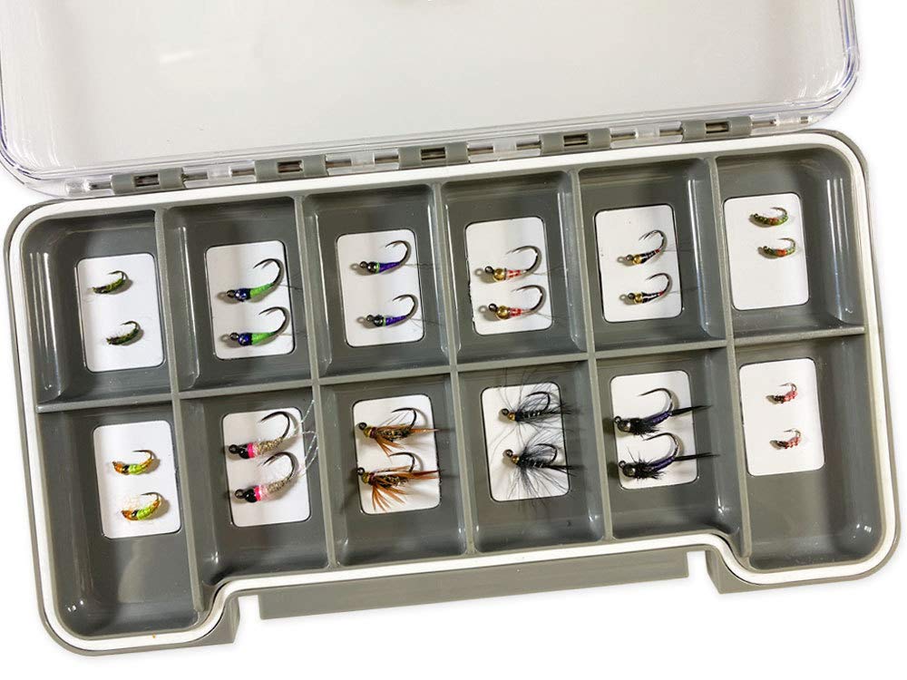 RiverBum Euro Nymph Fly Fishing Assortment with Fly Box - Includes Perdigon, Jig Flies, Competition Trout Euro Nymph Flies - Premium Quality Hand Tied Flies - 24 Piece
