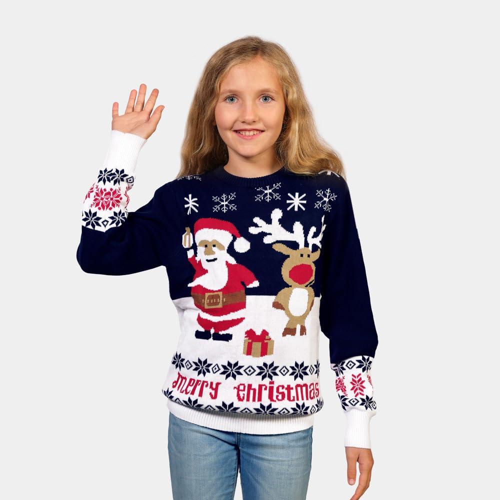Jersey Navideño para Mujer, Hombre y Niños Azul Papá Noel y Reno Rudolph