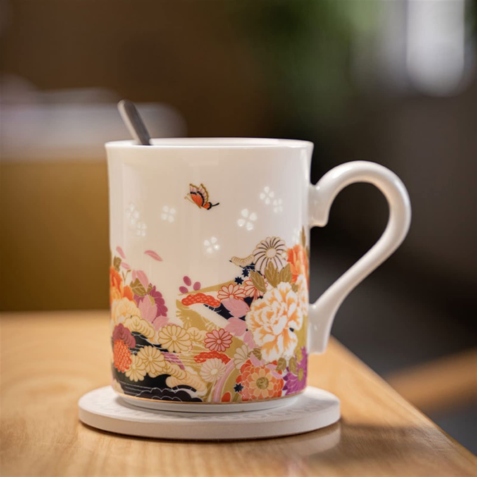 Filiżanki 350ML Jiangxi Jingdezhen kubek ceramiczny ręcznie malowany kubek kwiatowy wykwintna filiżanka kawy z podstawką i łyżką Kubek kawy