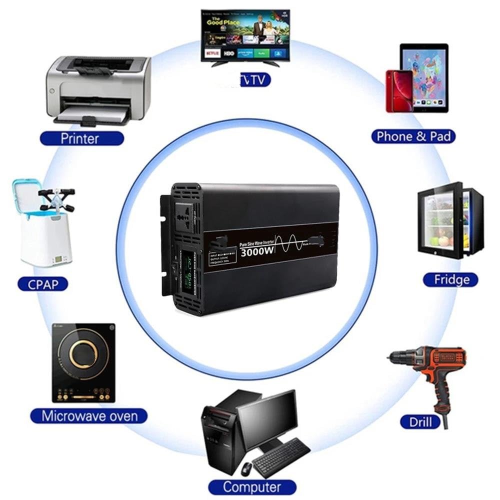 Convertidor Coche Inversor Inversor Potencia 3000W 3500W Convertidor Pantalla Digital Coche/hogar DC 12V/24V A AC 220V Onda Sinusoidal Pura Enchufe Universal(12V,220V(50HZ),3500W)