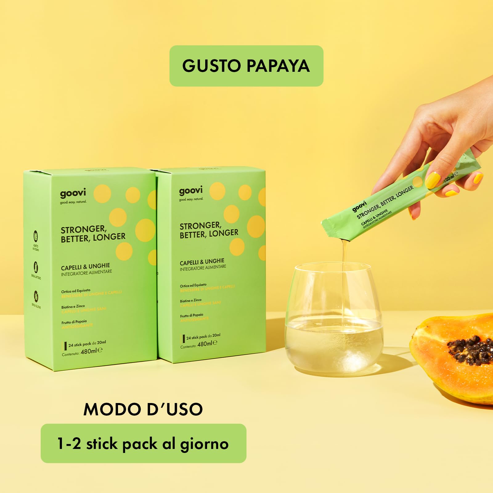 Goovi, Stronger, Better, Longer, Integratore Alimentare per Capelli e Unghie, Rende Capelli e Unghie Sani e Forti, Confezione da 24 Stick Pack da 20 ml, Gusto Papaia
