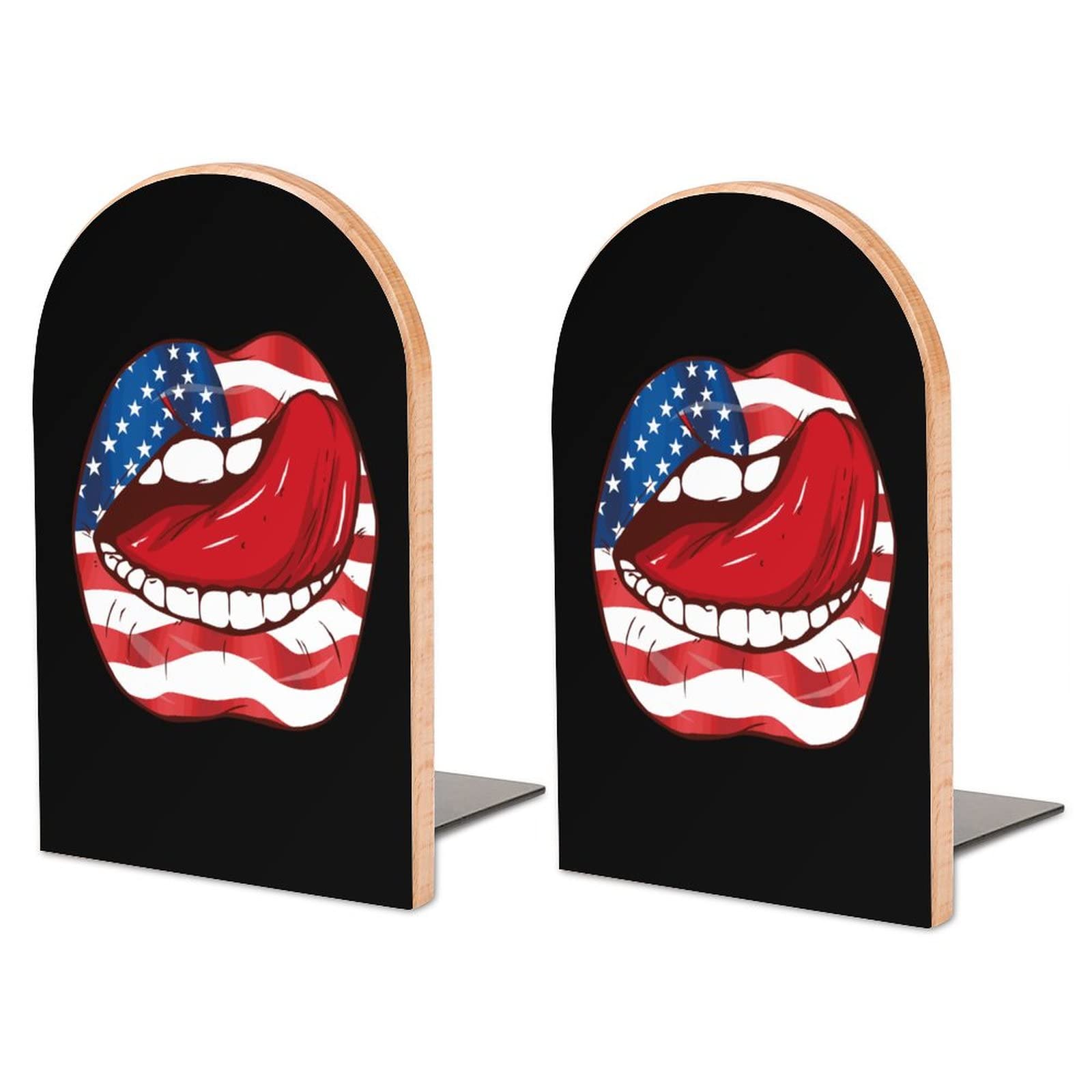 American Flag Lips Bookends Heavy Duty Book Stand 1 Pair for Home Office Shelves Decorative