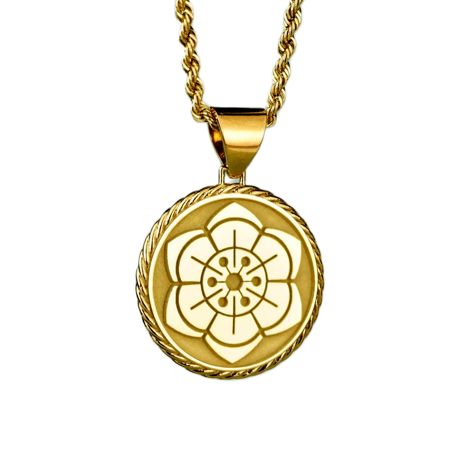 Collar de plata de ley 925 de 22 mm, cadena de 45,7 cm, colgante de moneda de loto, collar de cuerda redonda, colgante de disco de flor de loto, flor espiritual, joyería de meditación, joyería hecha a