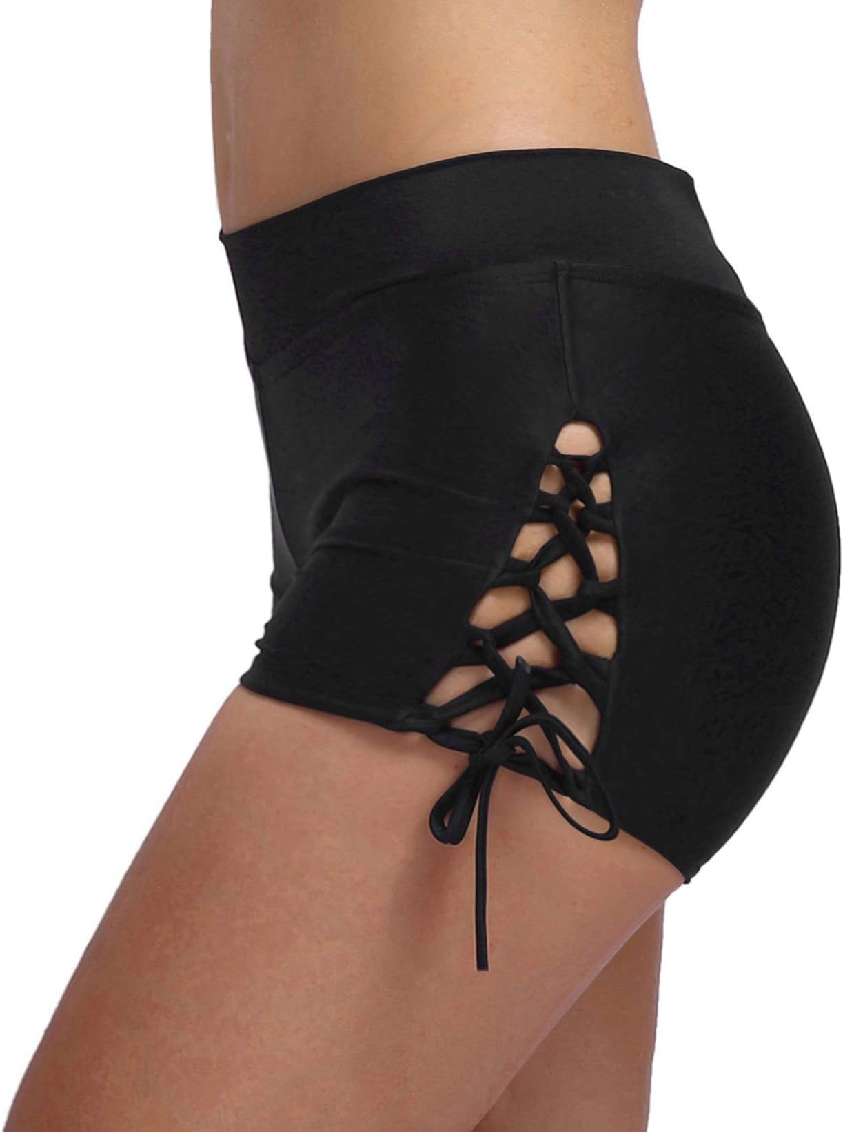 FanShou Women Sporty Tankini Swimsuit Boyshort Swim Bottom Lace Up Board Short (Asia Tag XX-Lage/US Size 20-22, Black)