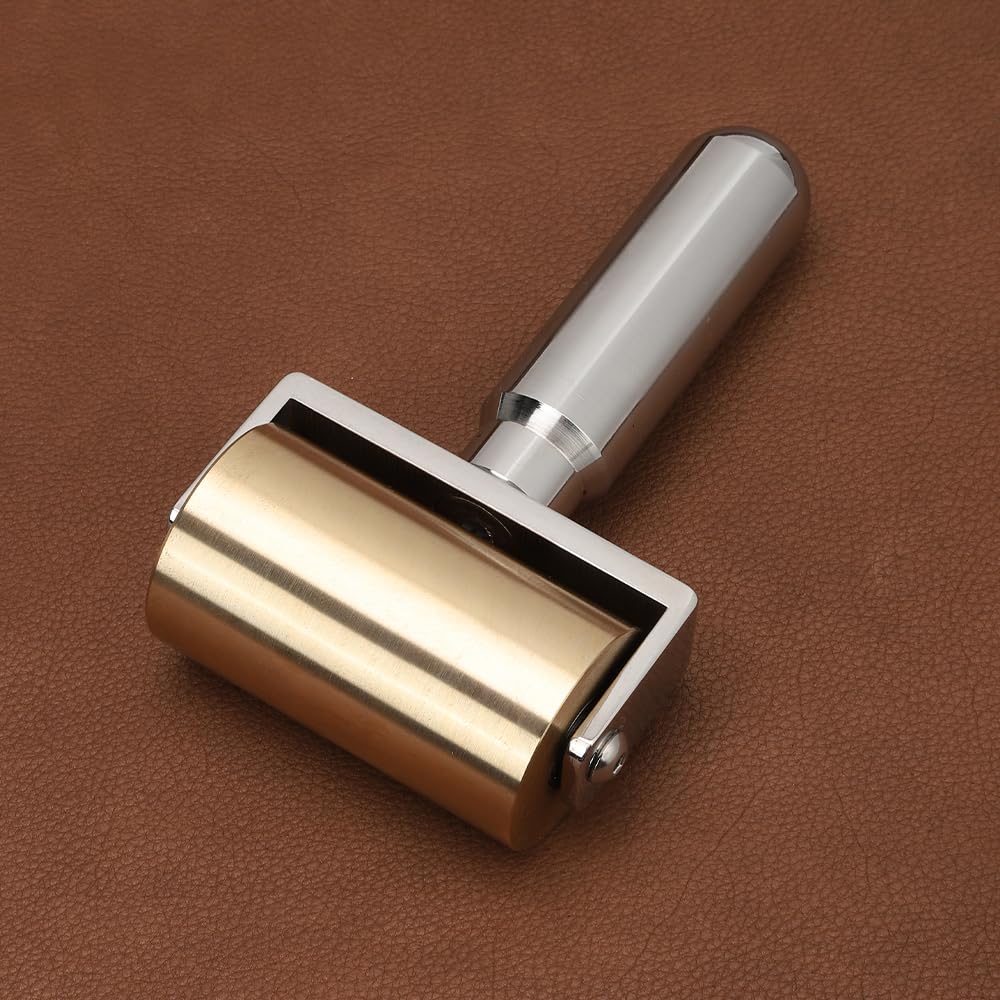 WUTA Rodillo de presión de 65 mm de latón macizo + acero inoxidable, rodillo de piel para pegamento y laminación, alisador profesional de bordes y rodillo de costura para procesamiento de cuero DIY