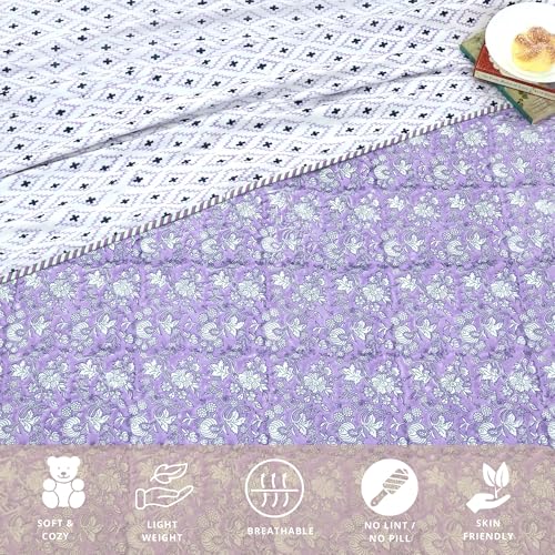 Image of TOAIArt Premium Jaipuri Dohar | AC Blanket Summer Quilt | Hand Block Printed | 3 Layers | Reversible | 150GSM 100% Mulmul Cotton | 100% Cotton Flannel Filling | King 108 inch X 90 inch |Lavender Kalamkari