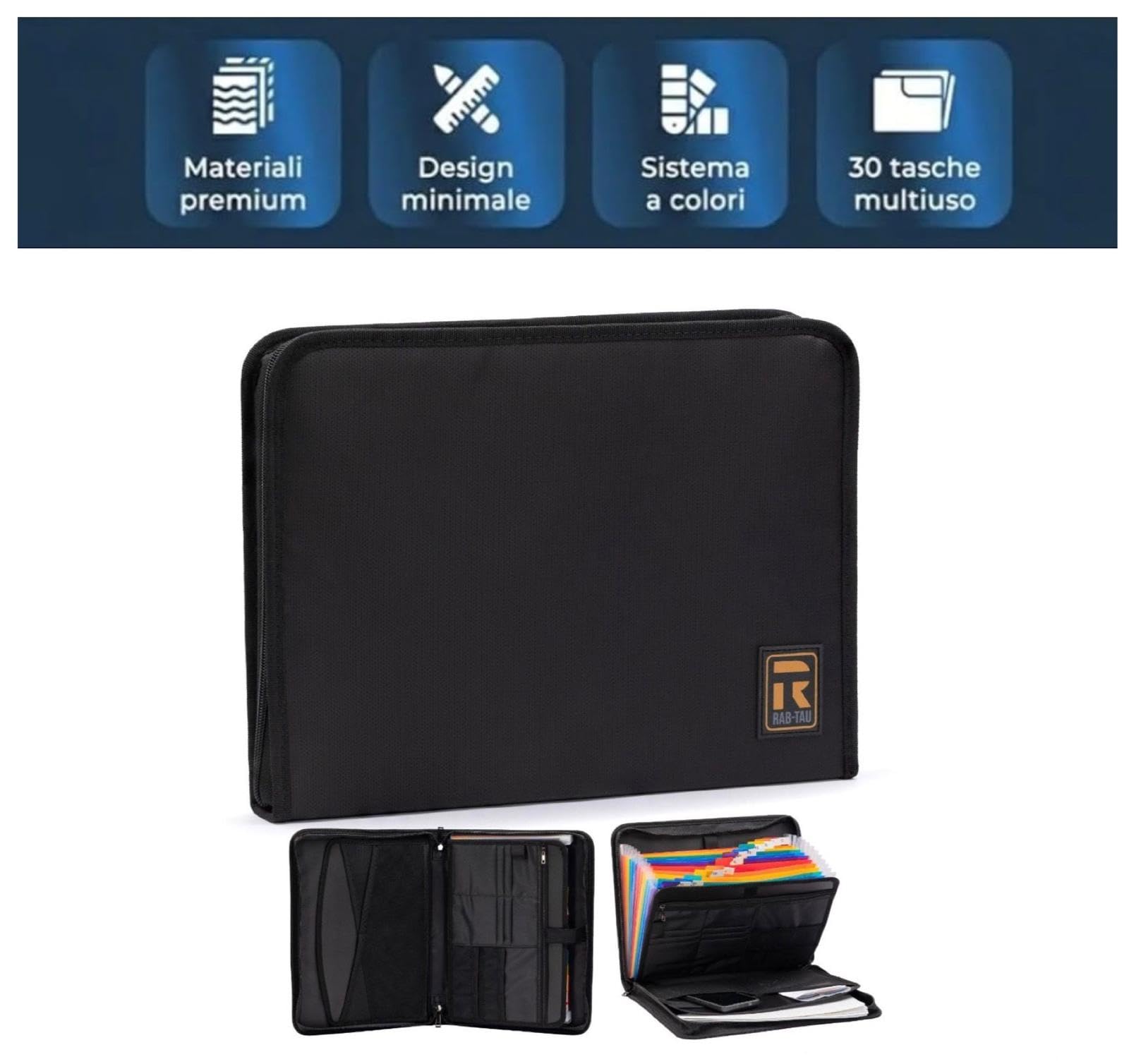 Cartella Portadocumenti in Eco Pelle Nera Porta Documenti A4 12 Slot Carte Organizer Ufficio Viaggio 36x26x5 cm