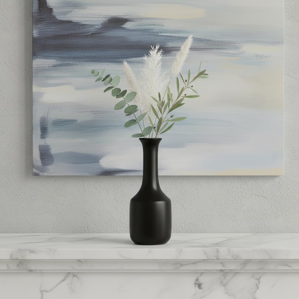 Black Ceramic Vase for Pampas Grass, 11 Inch Modern Flower Vase, Minimalist Boho Vase for Home Decor, Kitchen, Bedroom, Office, Living Room, Bathroom, Shelf Centerpiece Table Decor