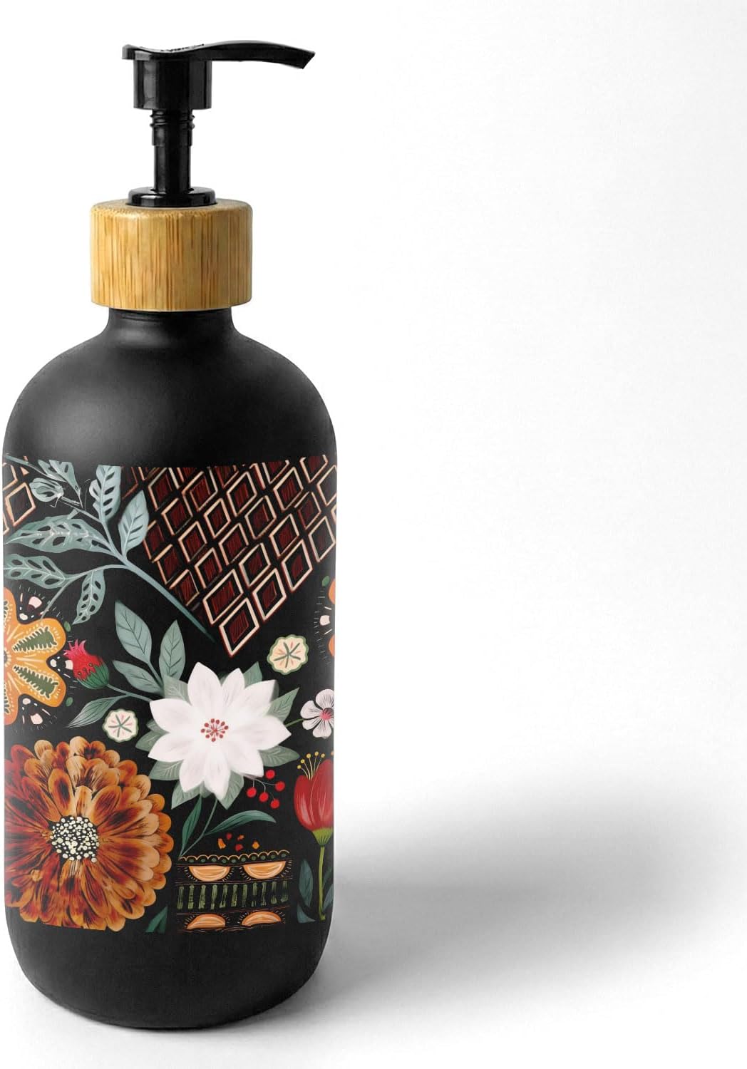 Dark Green Dragonfly Floral Soap Dispenser, Vintage Botanical Glass Dish Soap Dispenser for Kitchen, Cottagecore Flower Refillable Handsoap Pump Bottle for Bathroom Countertop