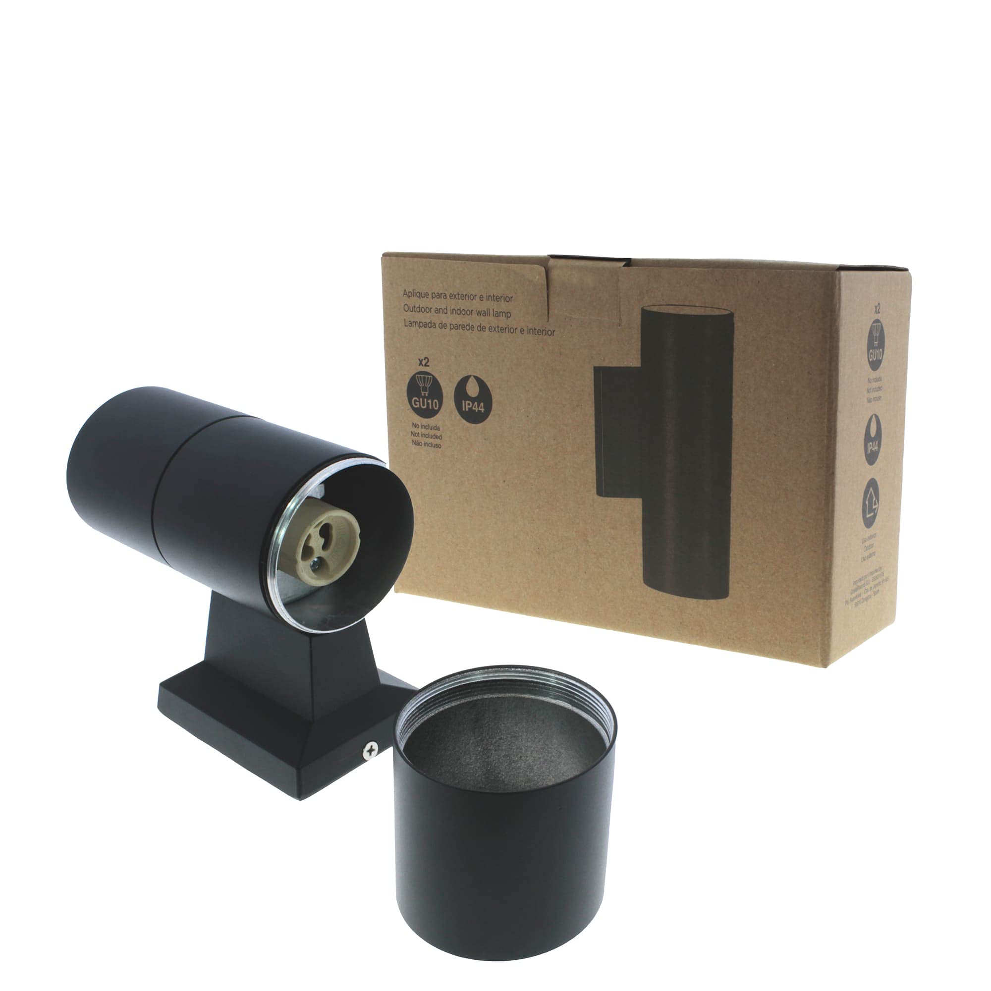 wonderlamp Pack 2 Aplique de pared 2 Luces GU10 exterior Chill, 65W, Impermeable IP44, Lámpara Exterior Moderno, Cilíndrico, Negro