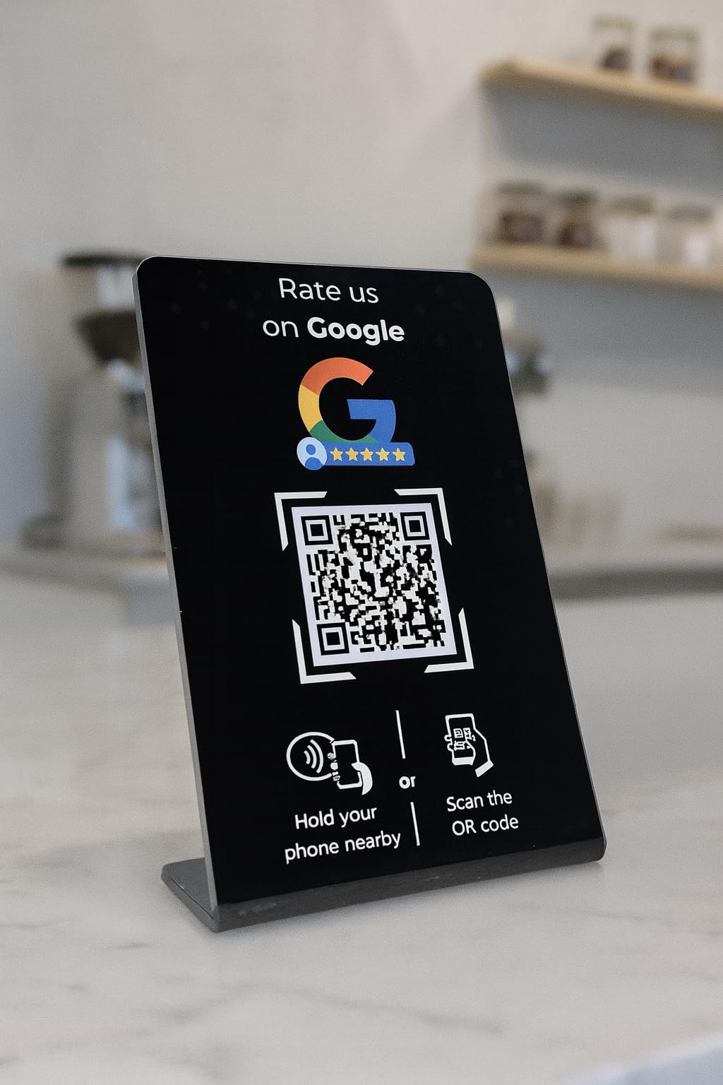 Aufsteller für Google Bewertungen mit QR-Code und NFC-Chip (Englisch) 16,5 x 10,5 cm - schwarz