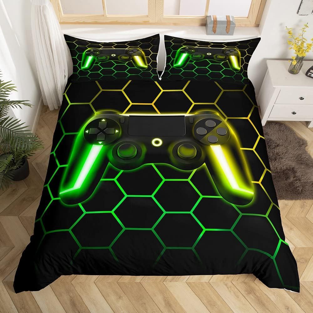 Homewish Teenage Boy Bedding Set Super King, Neon Gaming Duvet Cover Set for Kids Gamer Quilt Cover, Gradient Neon Gamepad Honeycomb Bedding, Game Controller Bed Set Boys for All Season — image 1
