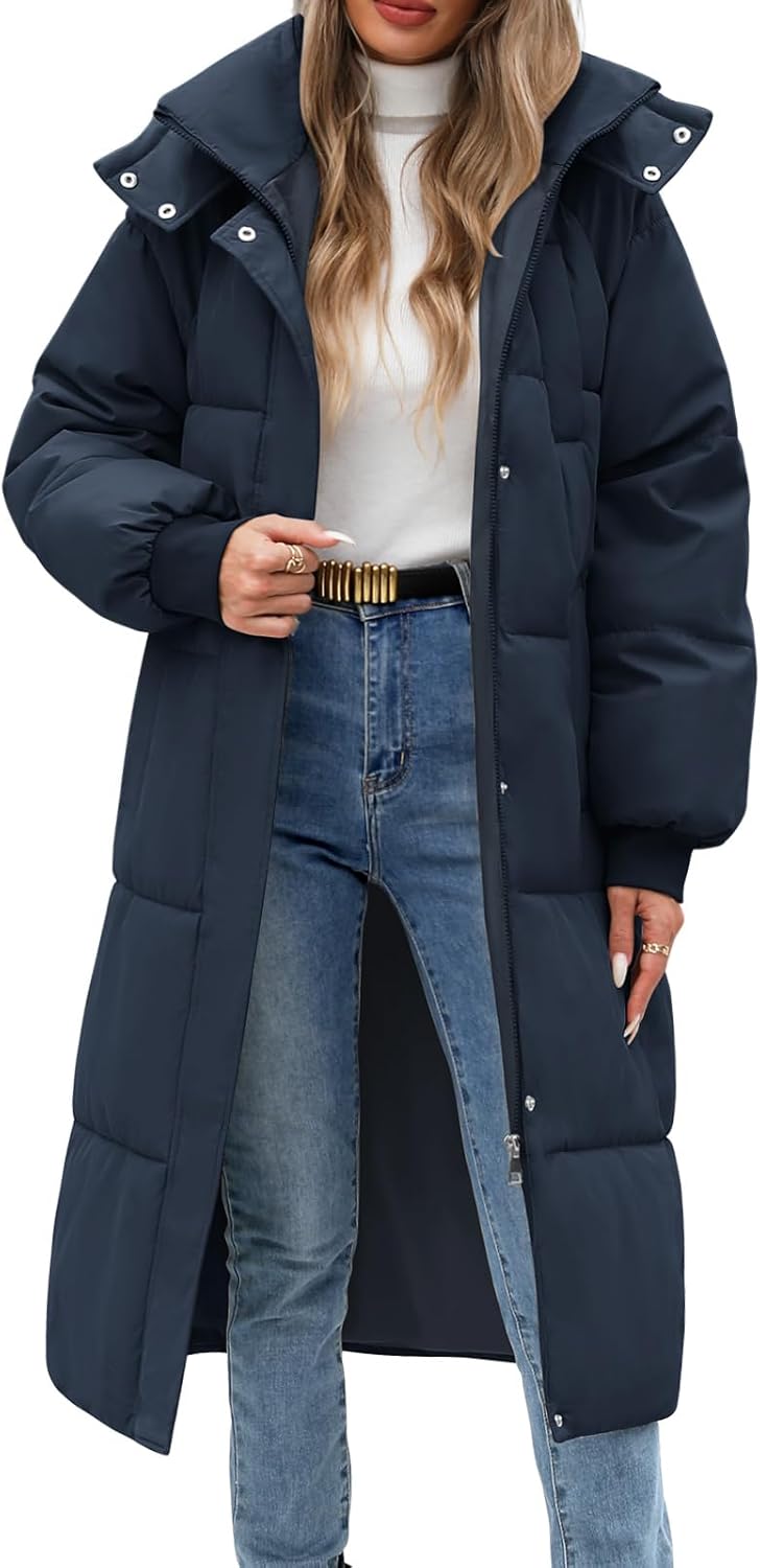 Women's Long Puffer Coat - Warm Winter Quilted Jacket Full Length Zip Up Down Coat Thickened Puffy Parka with Hood