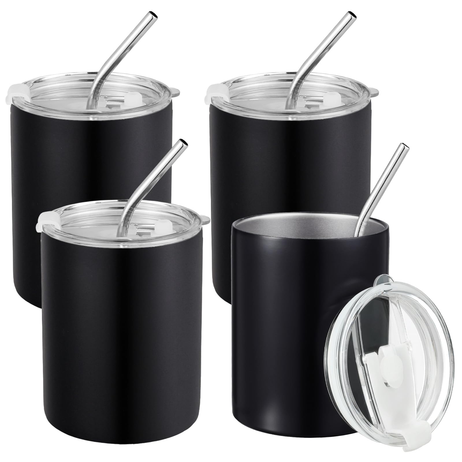 Puraville 12 oz Insulated Tumbler with Lid and Straw, Stainless Steel Double Walled Coffee Cup with Lid, Vacuum Reusable Leak Proof Travel Coffee Mug for Home, Camping, Office, School, 4 Pack Black