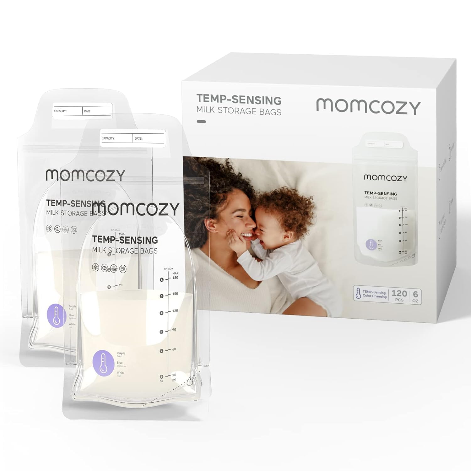 Momcozy Muttermilch-Aufbewahrungsbeutel, 120 Stück Temperaturfühlende Verfärbung, Einweg-Milch-Aufbewahrungstasche Mit 180 mL, Selbststehend, Auslaufsicher