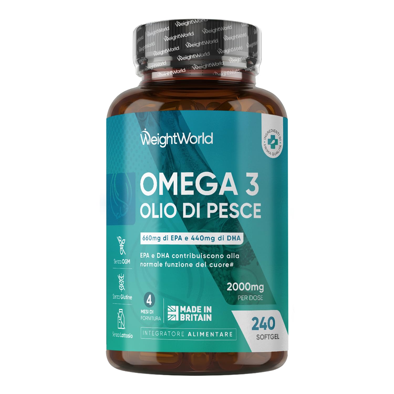 Omega 3 Fish Oil 2000mg, 660mg EPA and 440mg DHA, Omega3 Fish Oil Supplement and Essential Fatty Acids in 240 Softgel (4 Months), EPA and DHA Contribute to Normal Heart Function (EFSA)