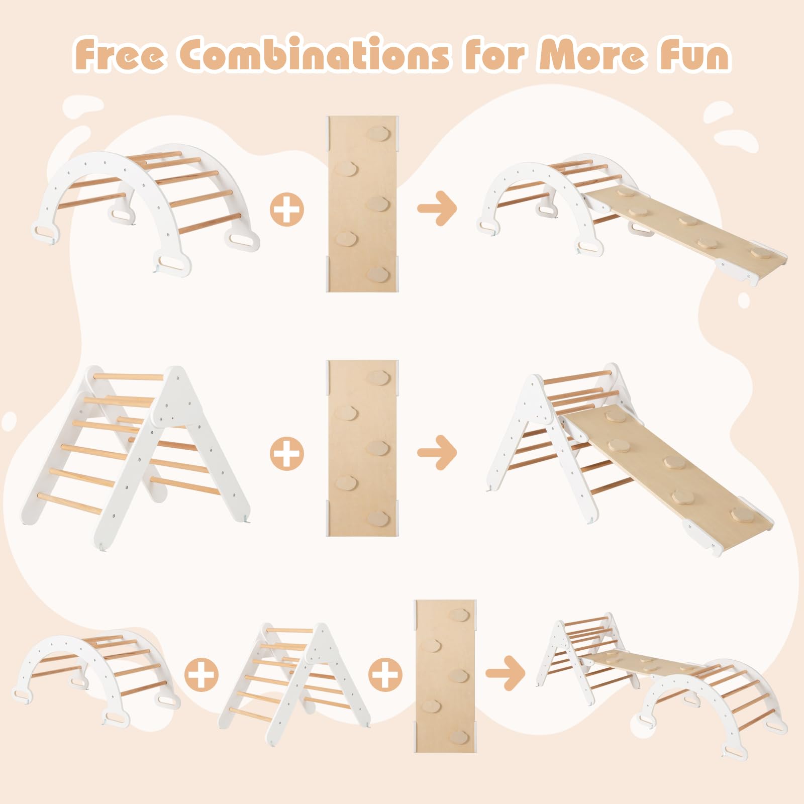 FANTASK 4 in 1 Klettergerüst mit rutsche, Kletterdreieck Holz inkl. doppelseitige Rampe & Kletterboge & Wippen, Sprossendreieck Spielplatz für Kinder ab 1 Jahr, Weiß
