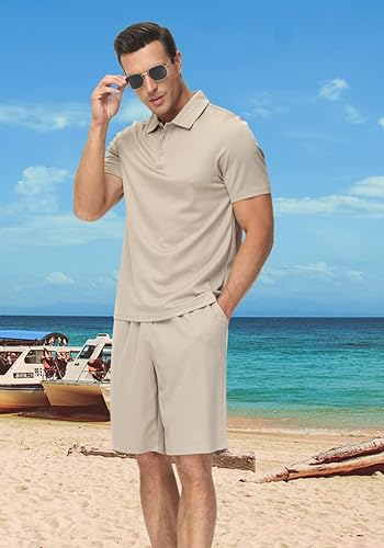 Miniatura 7 de MoFiz Conjunto deportivo para hombre, conjunto de trajes de verano casual, ajuste seco, manga corta, polo, trajes de 2 piezas