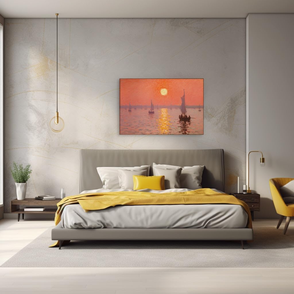 Canvas for Living Room. Embracing Tranquility in Brushstrokes Sunset Serenade on Gentle Waters, 27 x 18 inch Canvas Wall Art - Contemporary Masterpieces - Zen Wall Decor
