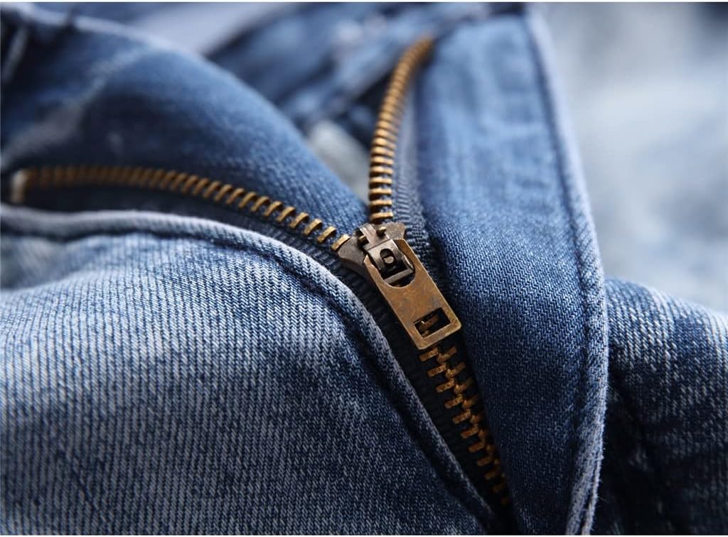 Distressed Ripped Jeans Pleated Motorcycle Pants Hole Men's Biker Denim Mens Elastic Slim