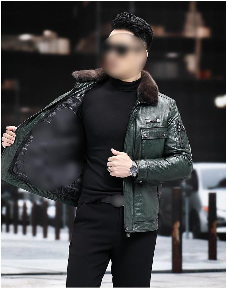 Men's Down Jacket Thickened Leather Outerwear Slim Fit Casual PU Green